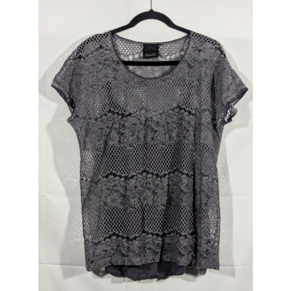 Nanette Lepore Gray Lace Short Sleeve Blouse Top